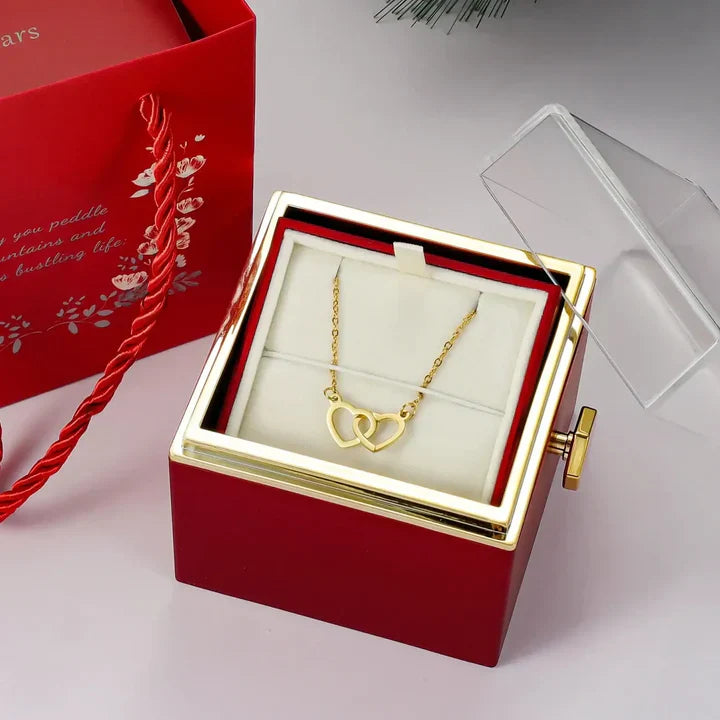 Caja de Regalo de Rosa Eterna con Collar de Doble Corazón